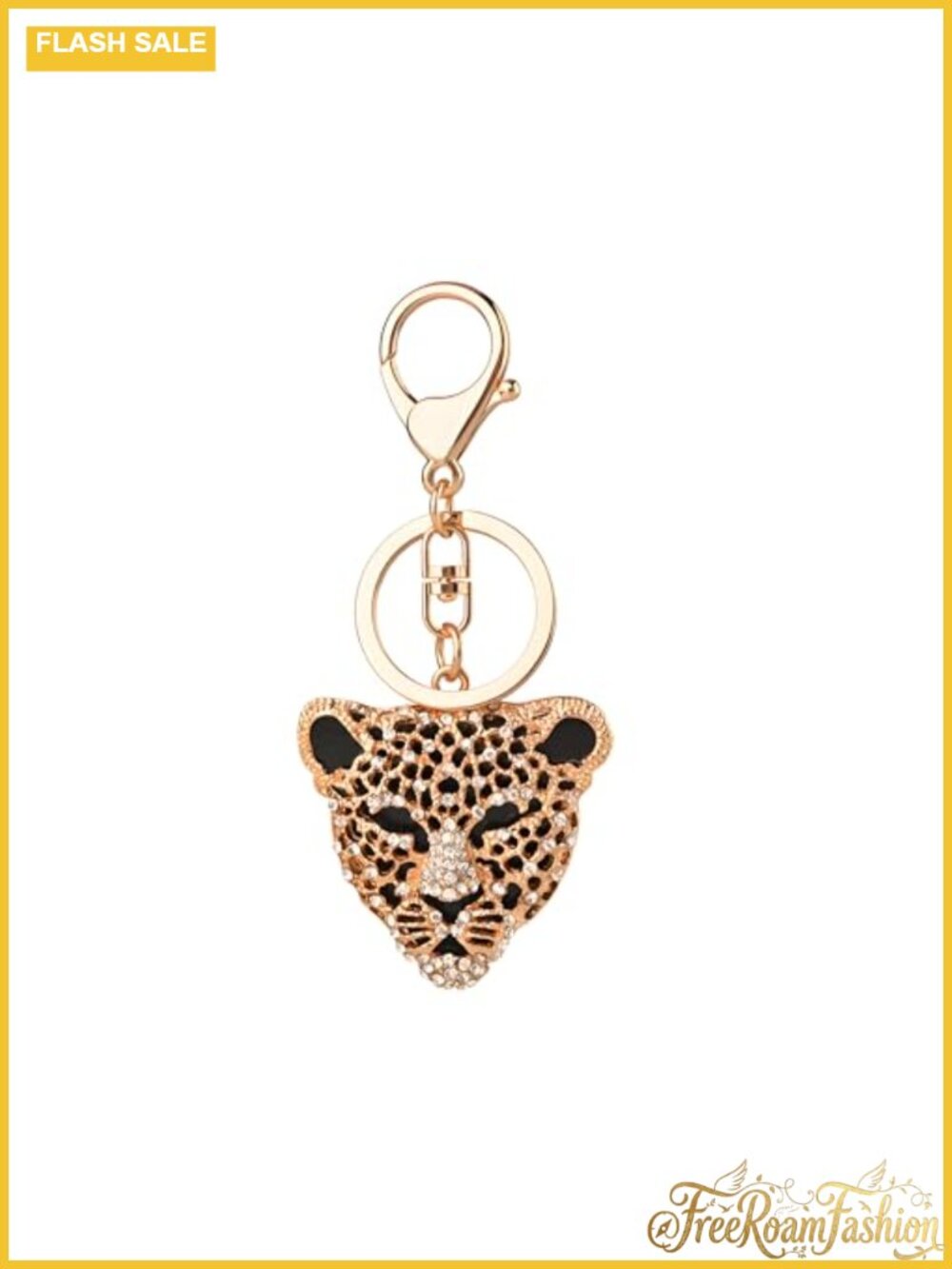 Leopard Head Keychain Gold Rhinestone Cheetah Key Ring Purse Charm Handbag Car